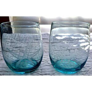 Unbranded Set Of 2 Stemless Wine Glasses Etched Starfish and Sea Turtle